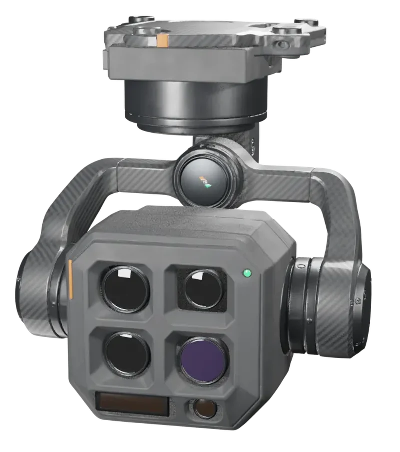 Drishti camera gimbal: rounded sensor head with four optical windows hanging from a U-yoke and quick-release plate