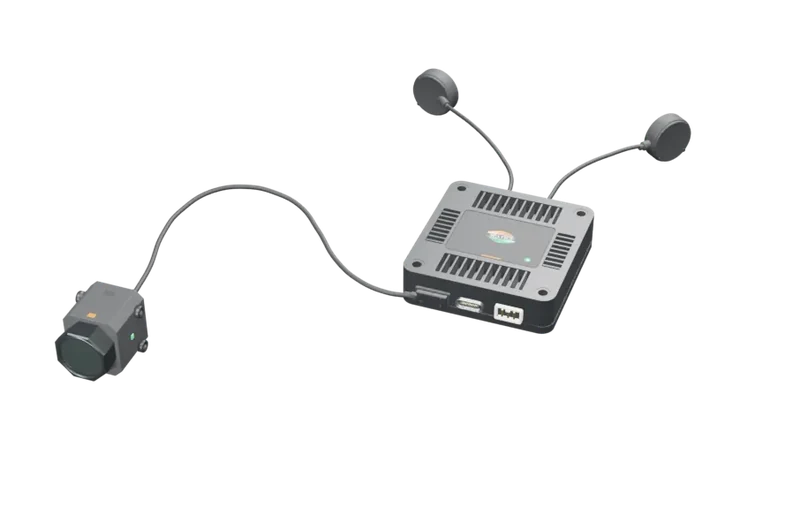 Sanket FPV air system: finned video transmitter with two radome antennas and a single-lens camera on a coaxial cable