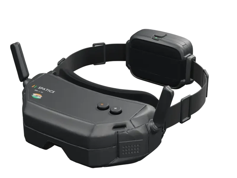 Netra FPV goggles: matte-black box-style headset with two oculars, a top control panel and a woven strap