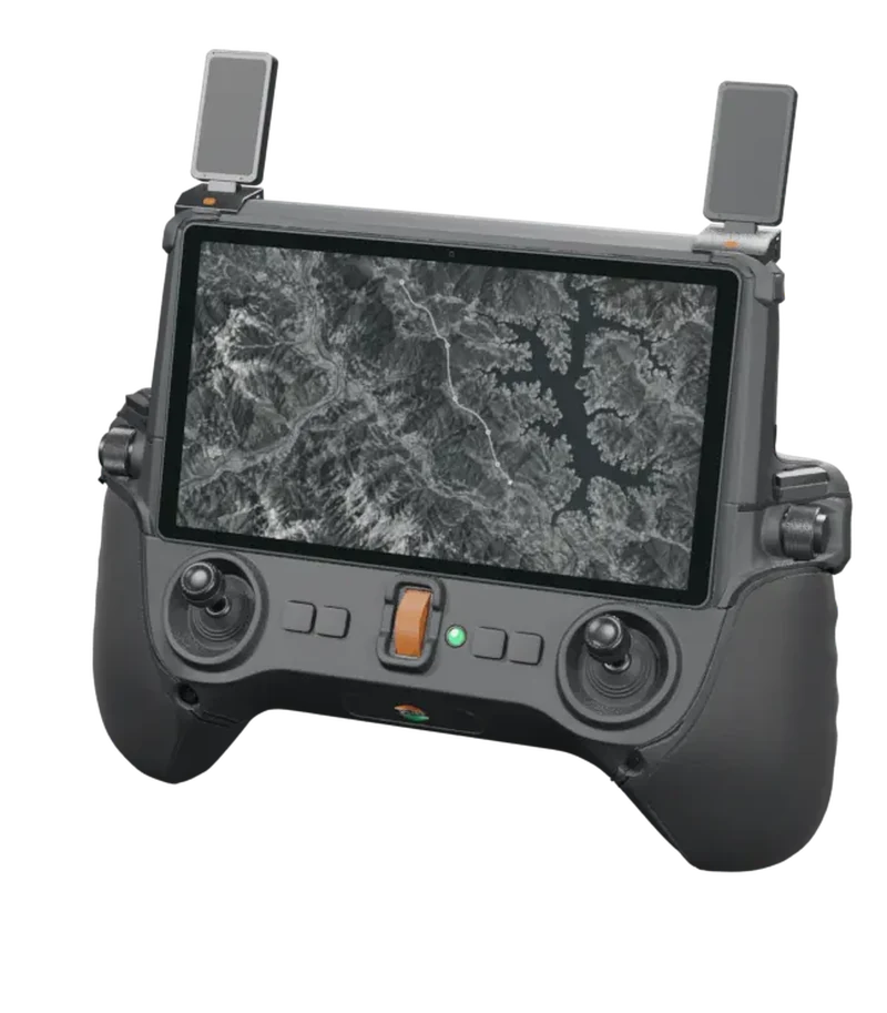 Kendra ground station: handheld controller with a wide screen, twin thumbsticks and folding paddle antennas