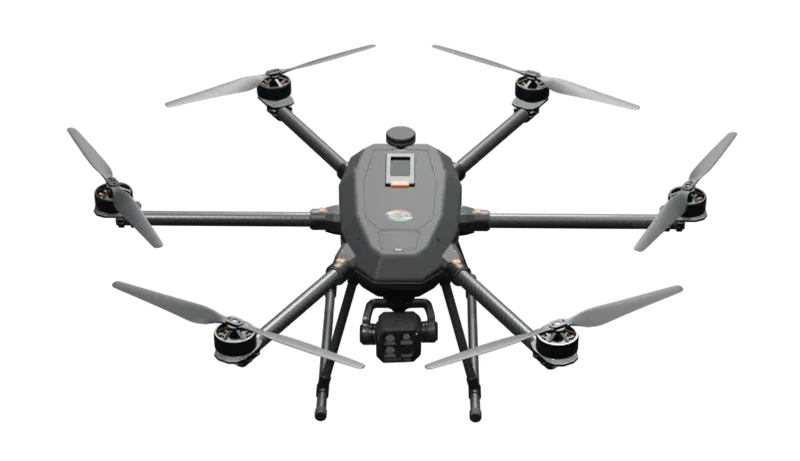 Shadanga hexacopter: six carbon arms, twin top battery packs and the Drishti gimbal under the nose