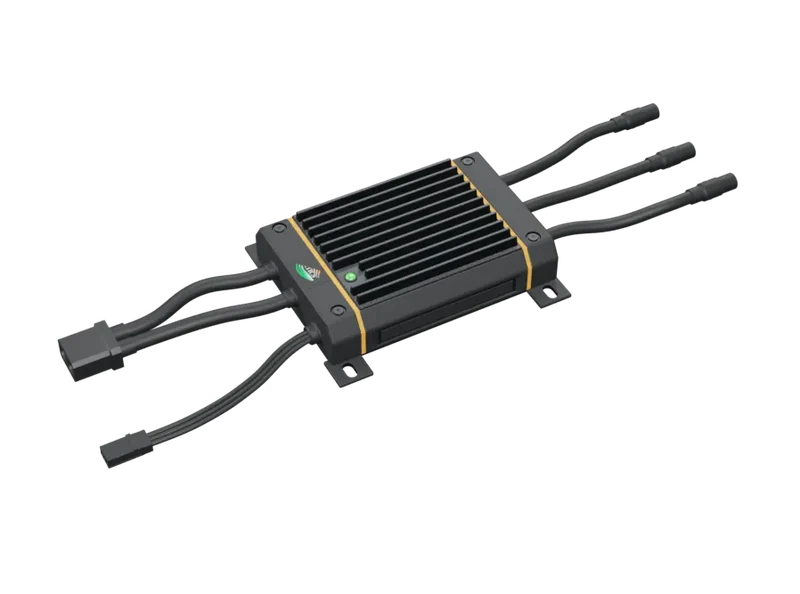 Vega motor controller: anodised aluminium enclosure with a finned heat-sink, battery and phase leads